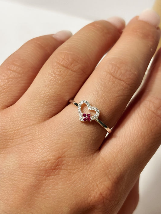 Anillo Corazón Flor Circones Rubí